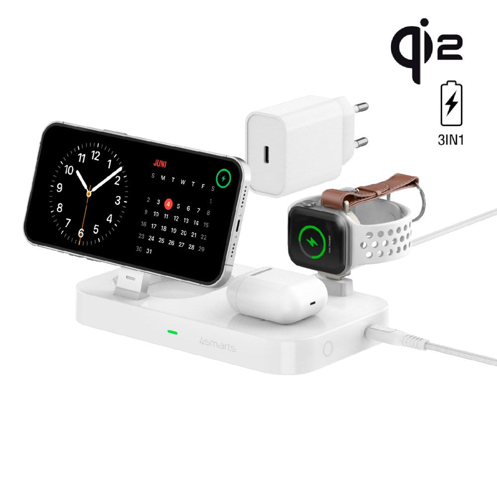 4smarts 3-i-1 Qi2 Trådløs Ladestasjon - MagSafe Kompatibel - Hvit