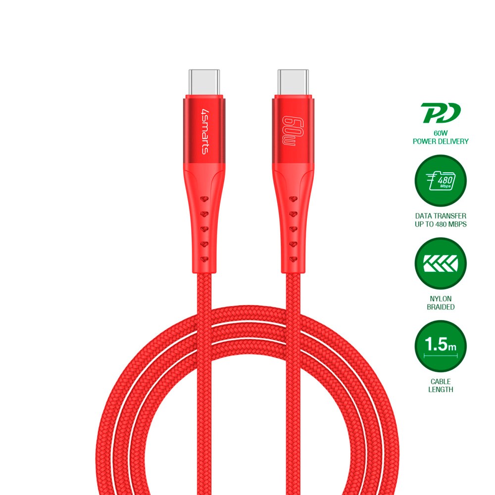 4smarts PrimeCord USB-C til USB-C Kabel 60W - 1.5 m - Rød