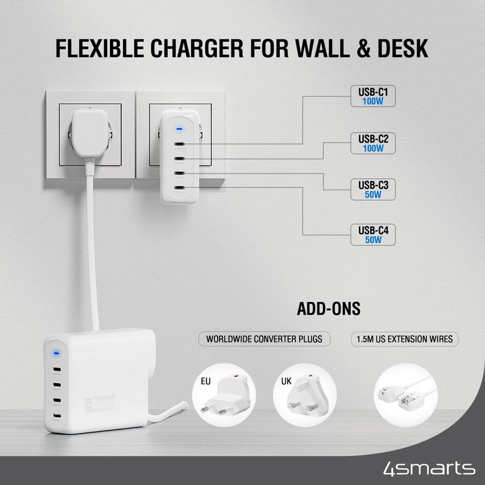4smarts GaN Flex Pro Reise­lader 200W - 4x USB-C - Hvit