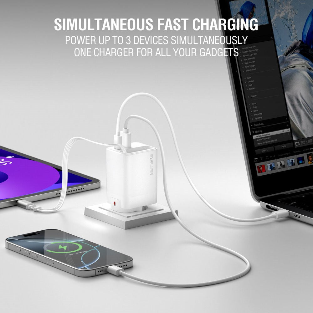 4smarts 65W Flex Jojo Vegglader med EU / US-plugg - 1 x USB-A - 1 x USB-C - 1 x USB-C Kabel - Hvit