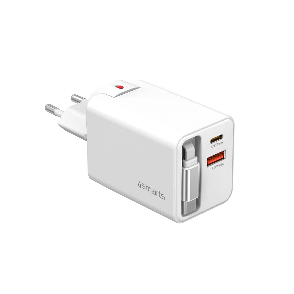4smarts 65W Flex Jojo Vegglader med EU / US-plugg - 1 x USB-A - 1 x USB-C - 1 x USB-C Kabel - Hvit