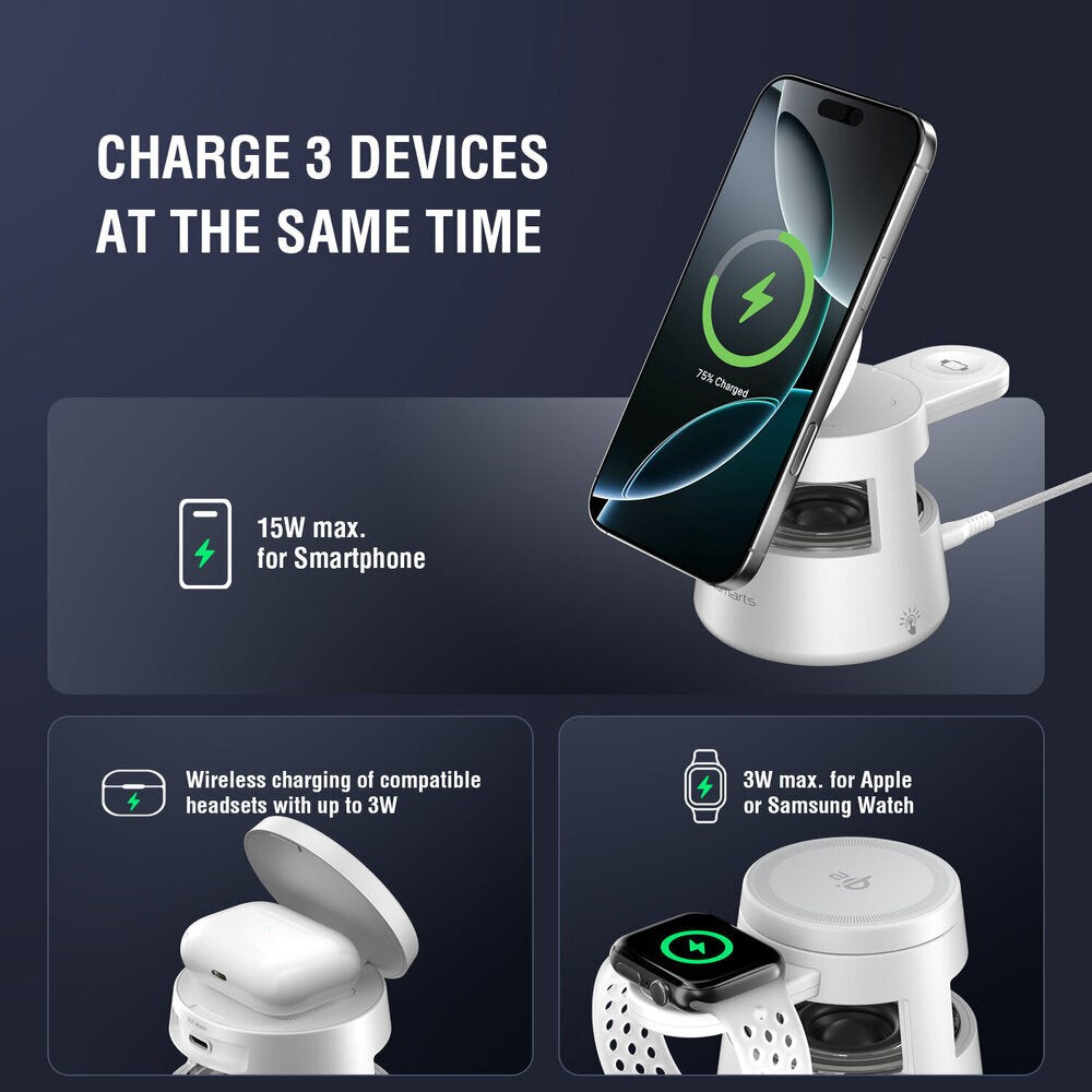 4smarts 3-i-1 Trådløs Lader med Innebygd Lys & Bluetooth for Smarttelefon / Smartklokke / AirPods - MagSafe / Qi2 Kompatibel - Hvit