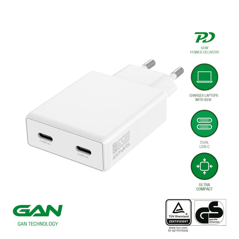4smarts PDPlug Slim 65W Vegglader med 2 x USB-C - Hvit