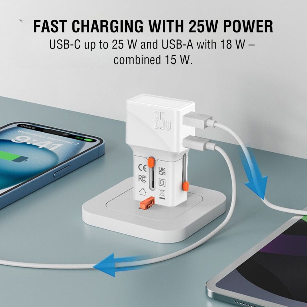 4smarts 25W Reiseadapter for EU/UK/US/AUS med 1 x USB-C 1 x USB-A - Hvit