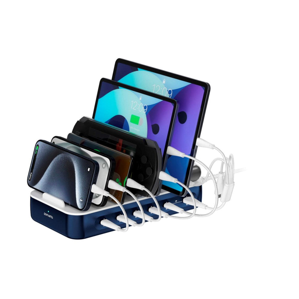 4smarts Ladestasjon m. 9 Lademuligheter - 5x USB-C Kabel & 1x 4-i-1 Multikabel - 100W - Blå