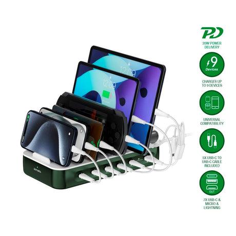 4smarts Ladestasjon m. 9 Lademuligheter - 5x USB-C Kabel & 1x 4-i-1 Multikabel - 100W - Grønn