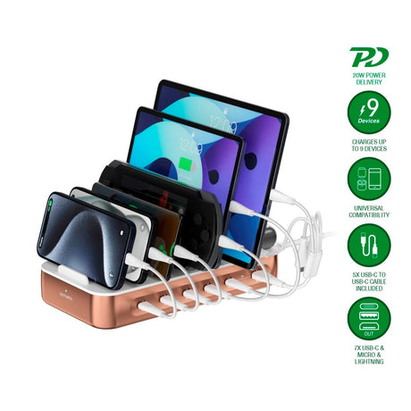 4smarts Ladestasjon m. 9 Lademuligheter - 5x USB-C Kabel & 1x 4-i-1 Multikabel - 100W - Rosegull