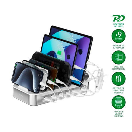 4smarts Ladestasjon m. 9 Lademuligheter - 5x USB-C Kabel & 1x 4-i-1 Multikabel - 100W - Sølv