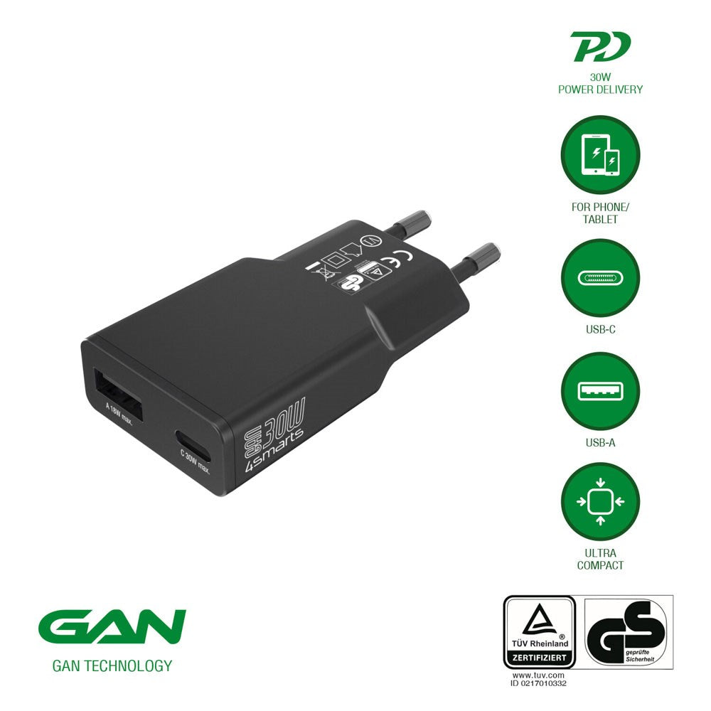 4smarts PDPlug Slim 30W Vegglader med 1 x USB-C 1 x USB-A - Svart