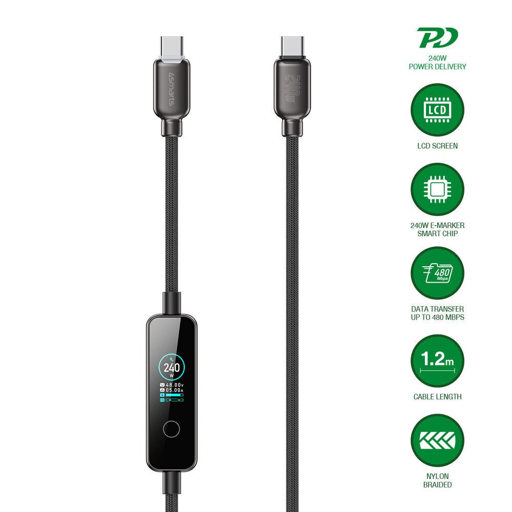 4smarts ScreenCord 240W USB-C til USB-C Kabel med Innebygd Skjerm - 1,2m - Svart