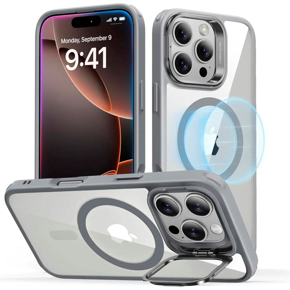 ESR iPhone 16 Pro Classic Hybrid Deksel m. Kickstand - MagSafe Kompatibel - Gjennomsiktig / Grå
