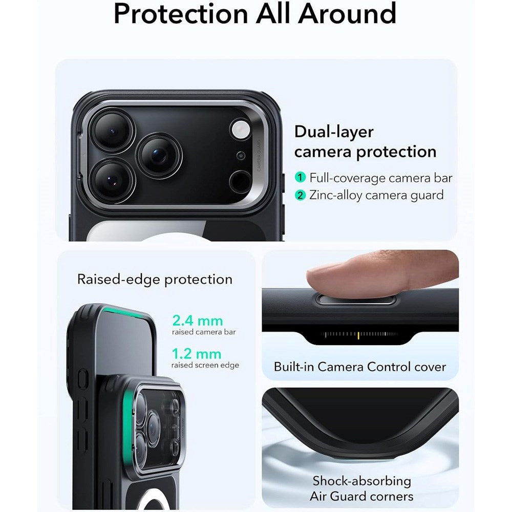 ESR iPhone 17 Pro Classic Hybrid Stash Case med Kickstand – MagSafe Kompatibel – Gjennomsiktig / Svart