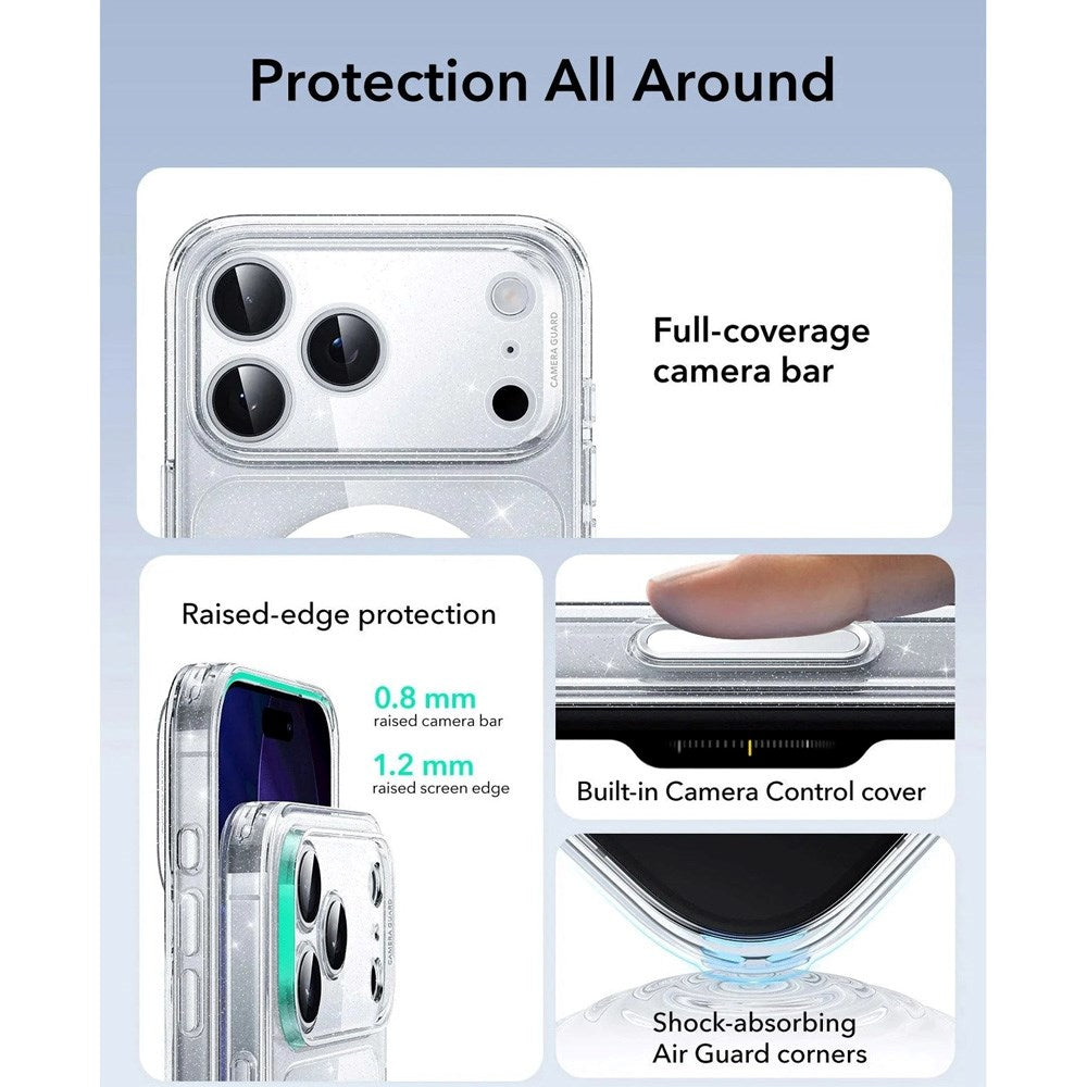 ESR iPhone 17 Pro Classic Hybrid Deksel med Kamerakontrollknapp – MagSafe Kompatibel – Gjennomsiktig / Glitter