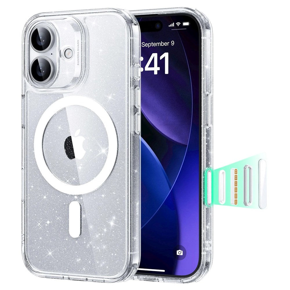 ESR iPhone 17 Classic Hybrid Deksel med Kamerakontrollknapp – MagSafe Kompatibel – Gjennomsiktig / Glitter