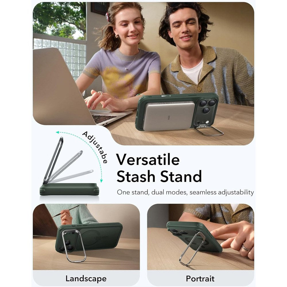 ESR iPhone 17 Pro Classic Hybrid Stash Case med Kickstand – MagSafe Kompatibel – Matt Grønn