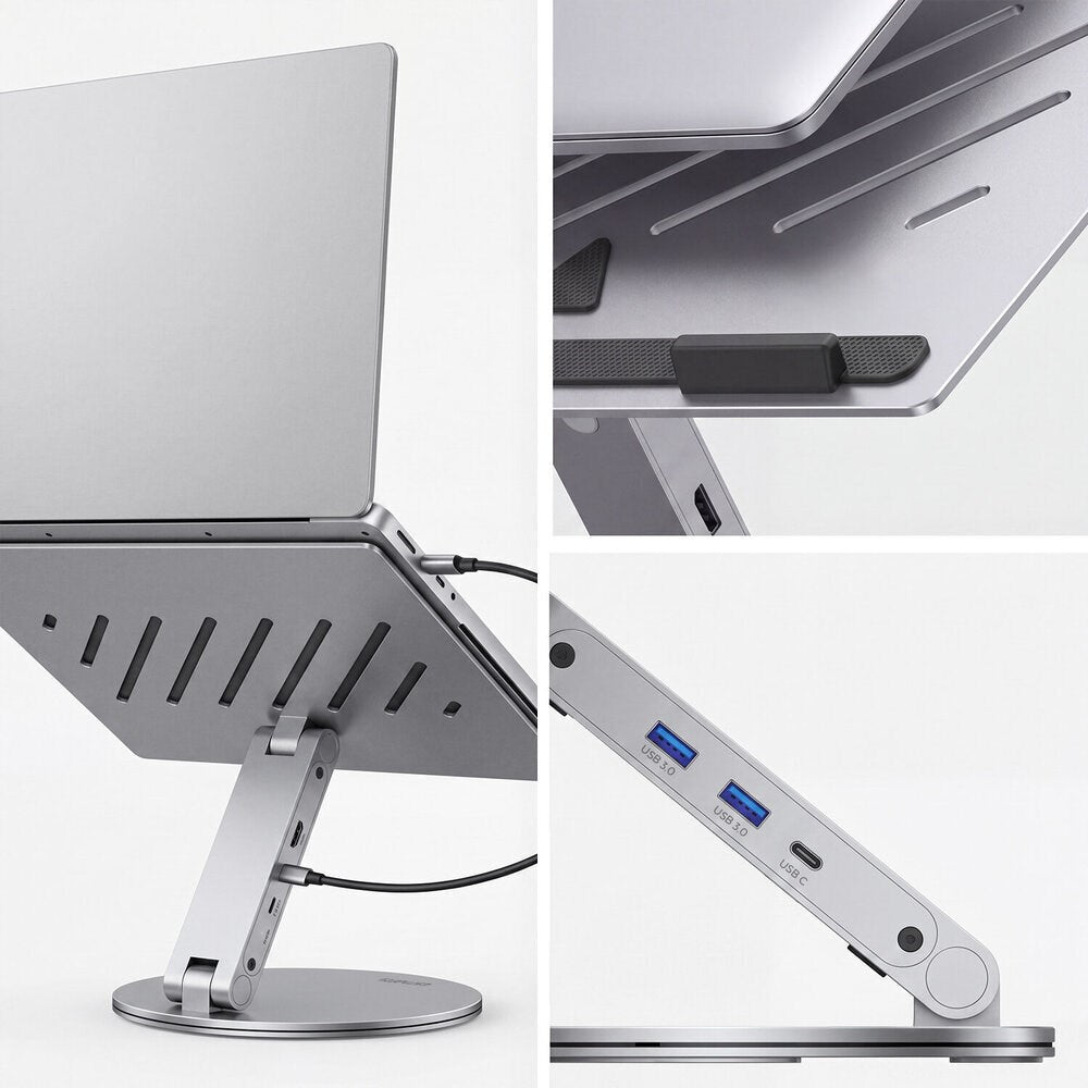4smarts ErgoPro 360 graders laptop-/nettbrettstativ med 6-i-1 USB-C-dokkingstasjon - grå
