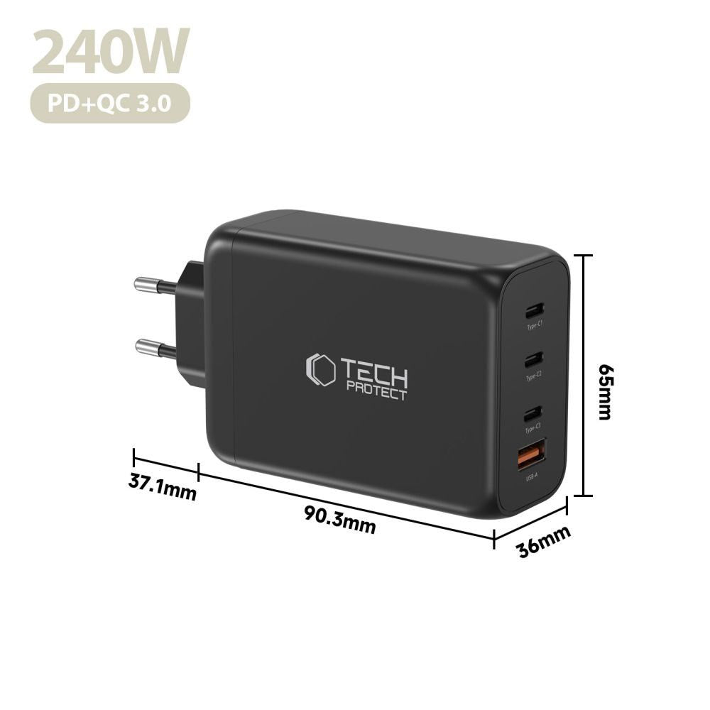 Tech-Protect 240W Vegglader m. 3x USB-C & 1x USB-A - Svart
