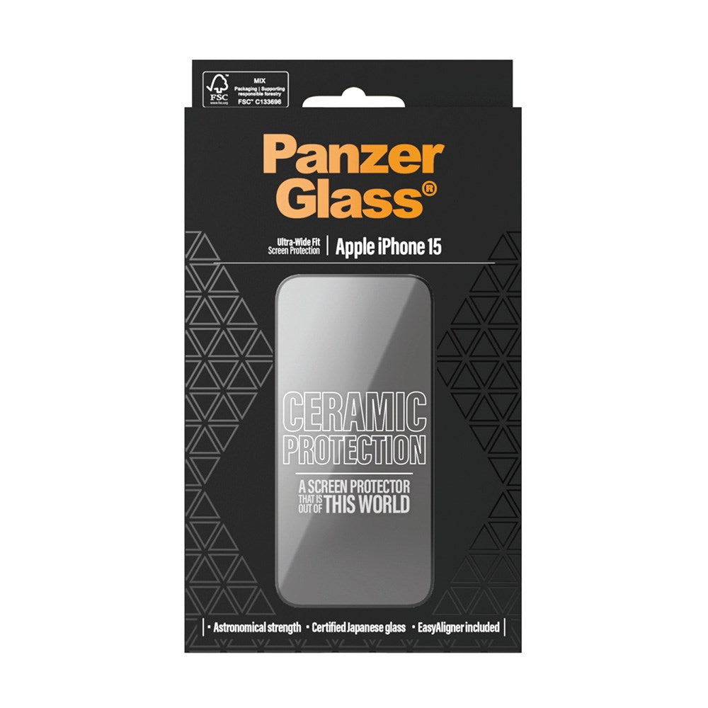 iPhone 15 / 16 PanzerGlass Ultra Wide Fit Ceramic Skjermbeskyttelse m. EasyAligner - Svart Kant