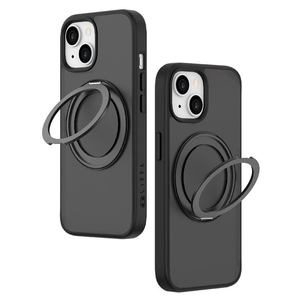 iPhone 15 Lippa Hybrid Plast Deksel med 360 Roterende Kickstand – MagSafe Kompatibelt – Matt / Svart