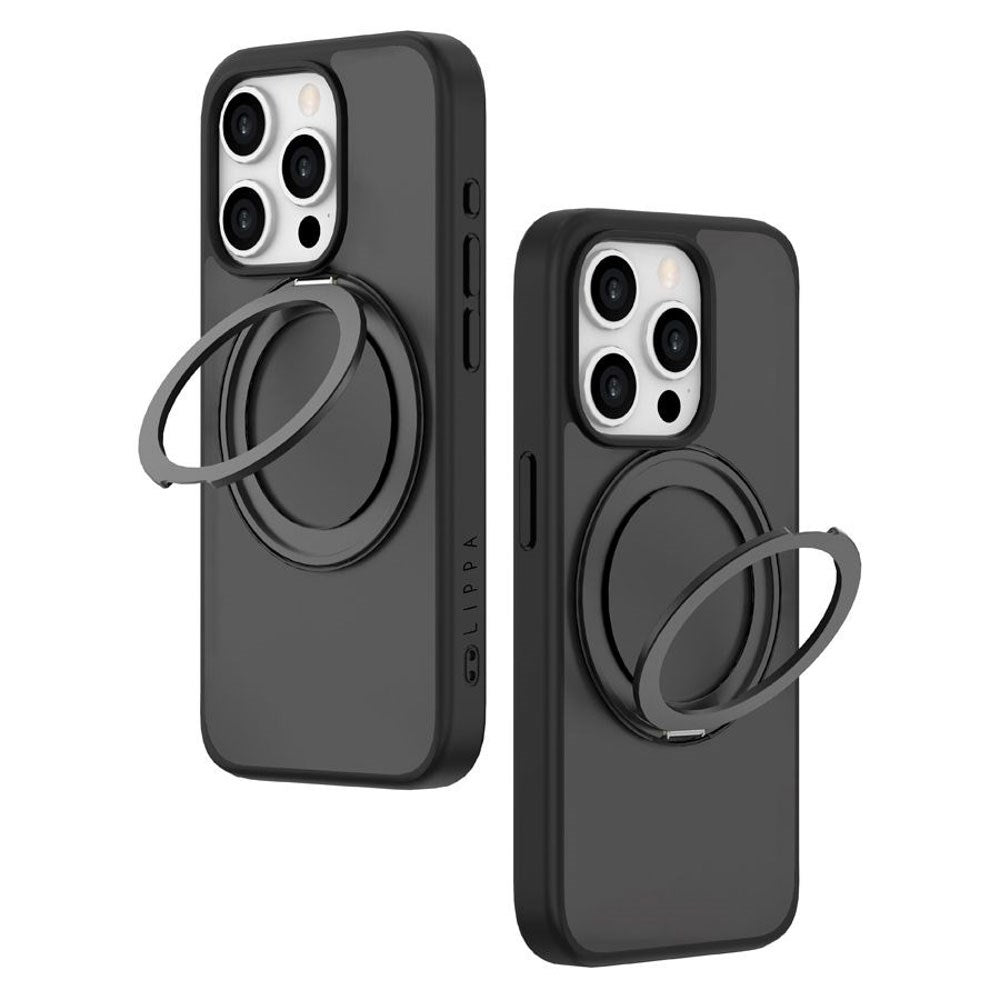 iPhone 15 Pro Lippa Hybrid Plast Deksel med 360 Roterende Kickstand – MagSafe Kompatibelt – Matt / Svart