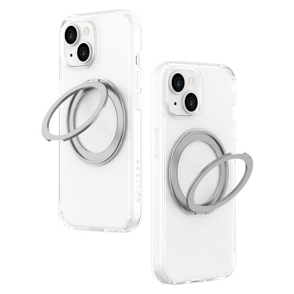 iPhone 15 Lippa Hybrid Plast Deksel med 360 Roterende Kickstand – MagSafe Kompatibelt – Gjennomsiktig / Sølv