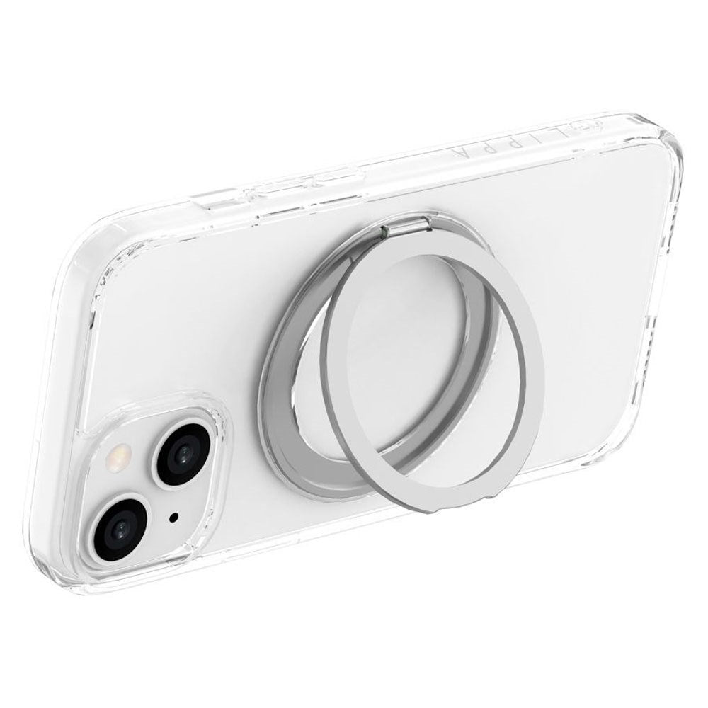 iPhone 15 Lippa Hybrid Plast Deksel med 360 Roterende Kickstand – MagSafe Kompatibelt – Gjennomsiktig / Sølv