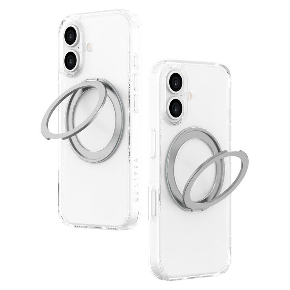 iPhone 16 Lippa Hybrid Plast Deksel med 360 Roterende Kickstand – MagSafe Kompatibelt – Gjennomsiktig / Sølv