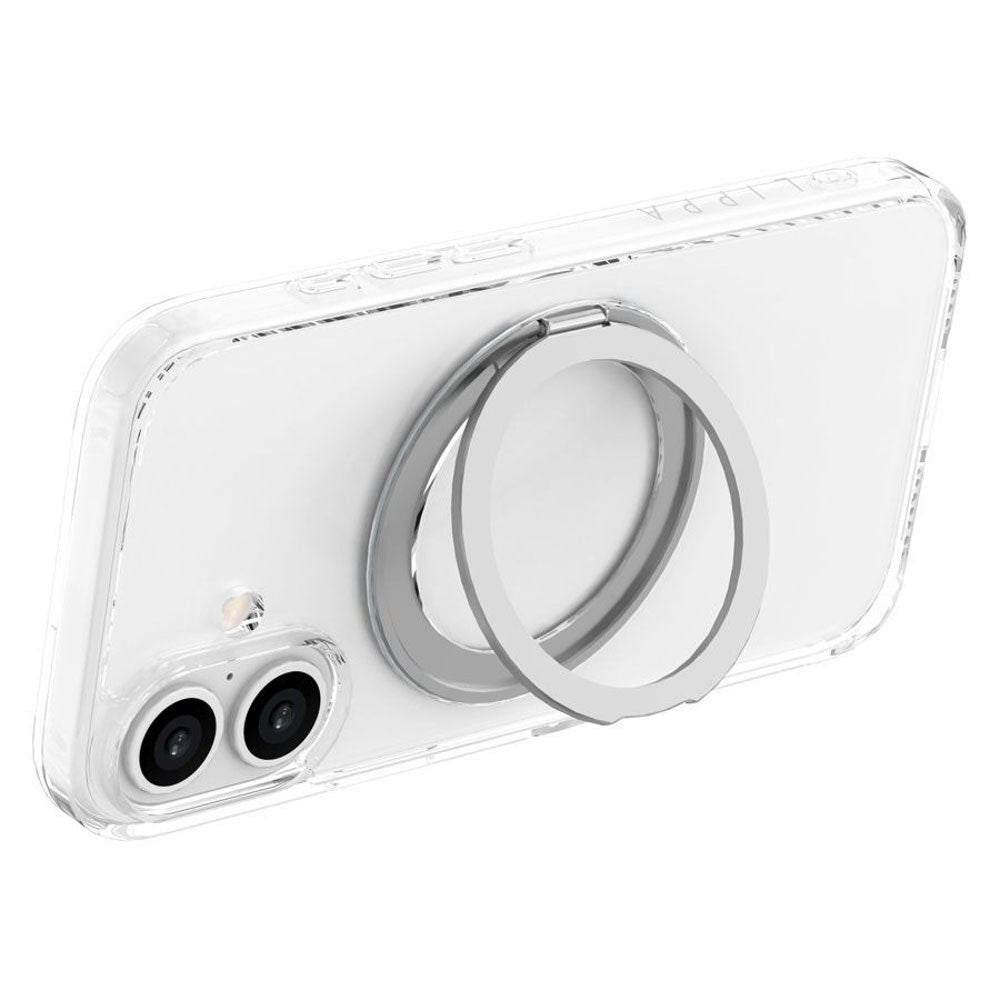 iPhone 16 Lippa Hybrid Plast Deksel med 360 Roterende Kickstand – MagSafe Kompatibelt – Gjennomsiktig / Sølv