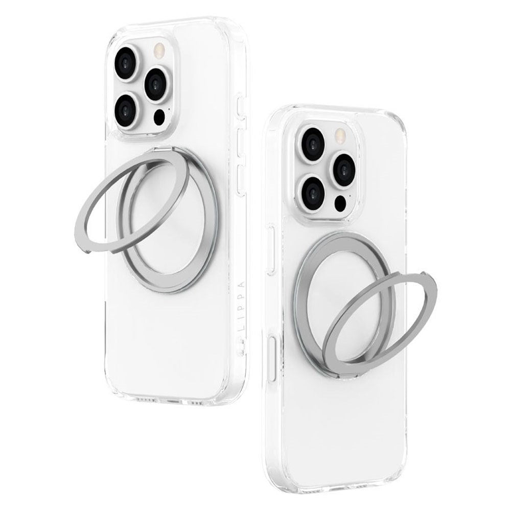 iPhone 16 Pro Lippa Hybrid Plast Deksel med 360 Roterende Kickstand – MagSafe Kompatibelt – Gjennomsiktig / Sølv