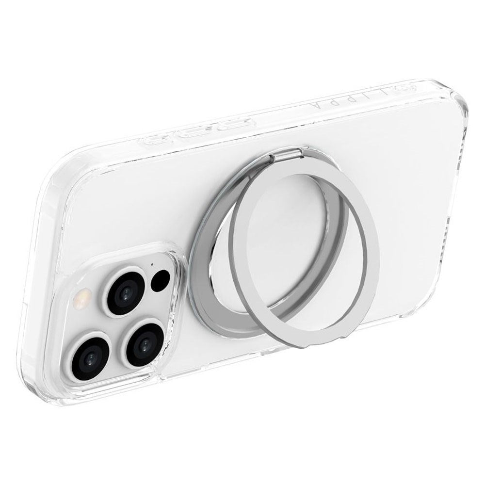 iPhone 16 Pro Lippa Hybrid Plast Deksel med 360 Roterende Kickstand – MagSafe Kompatibelt – Gjennomsiktig / Sølv