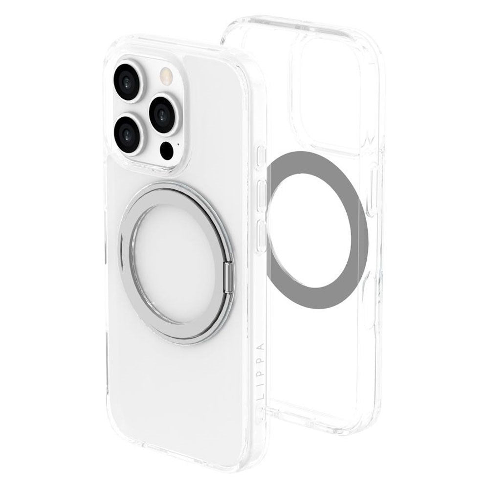 iPhone 16 Pro Lippa Hybrid Plast Deksel med 360 Roterende Kickstand – MagSafe Kompatibelt – Gjennomsiktig / Sølv