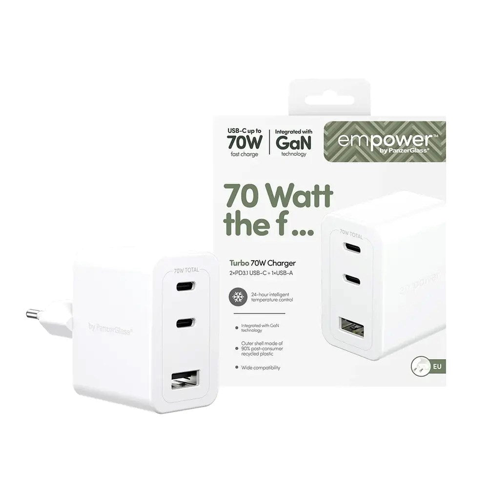 empower by PanzerGlass Turbo 70W Vegglader m. 1x USB-A & 2x USB-C - Silver White