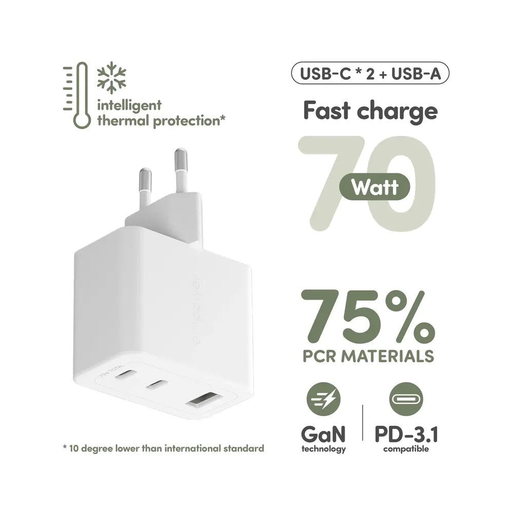 empower by PanzerGlass Turbo 70W Vegglader m. 1x USB-A & 2x USB-C - Silver White
