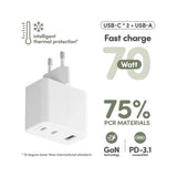 empower by PanzerGlass Turbo 70W Vegglader m. 1x USB-A & 2x USB-C - Silver White