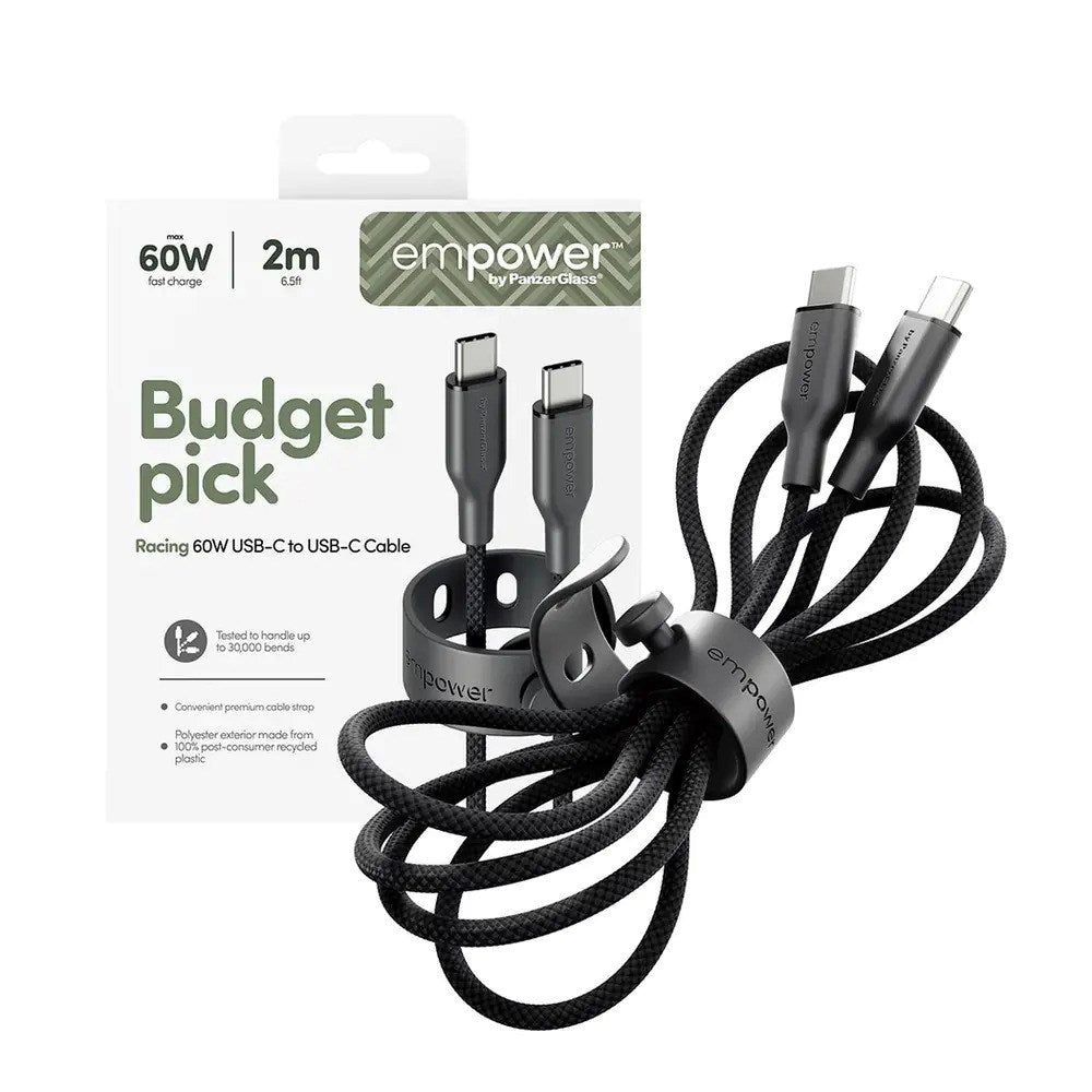 empower by PanzerGlass Racing 60W USB-C til USB-C Kabel – 2m – Space Black