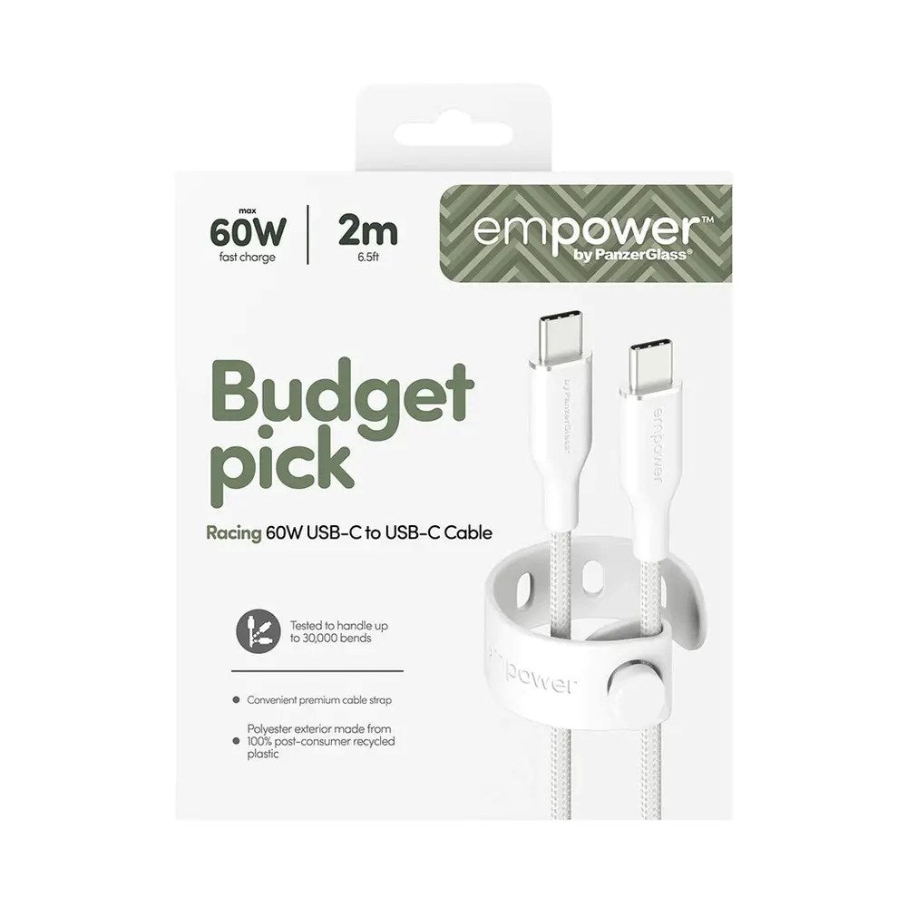 empower by PanzerGlass Racing 60W USB-C til USB-C Kabel – 2m – Silver White