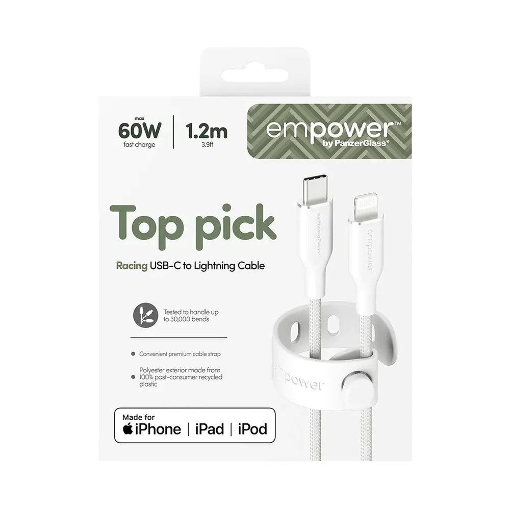 empower by PanzerGlass Racing 60W USB-C til Lightning Kabel – 1.2m – Silver White