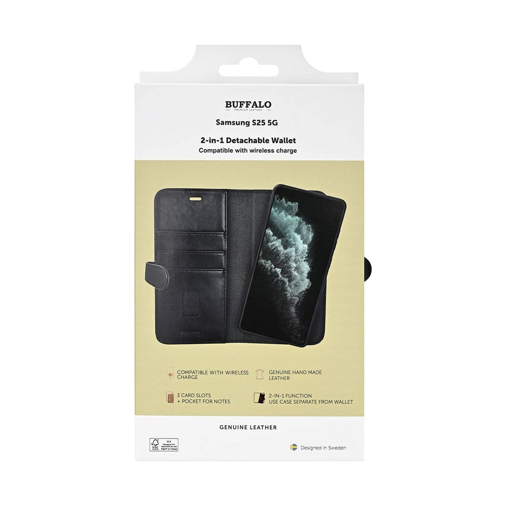 Samsung Galaxy S25 Buffalo 2-i-1 Magnet Flip-Deksel i Ekte Skinn med Lommebok - Svart