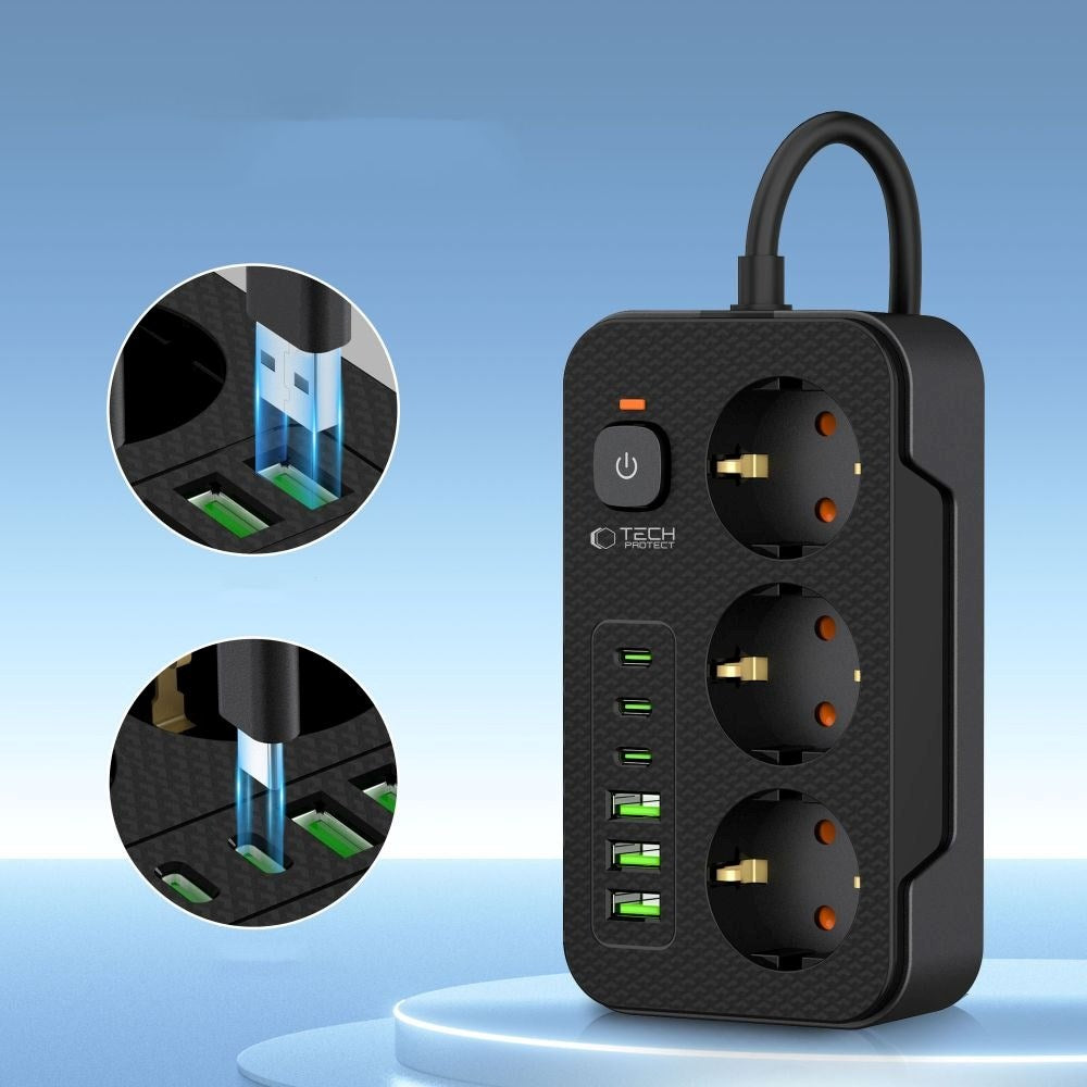 Tech-Protect Multifunksjonell Strømskinne med 3 x Uttak / 3 x USB-A / 3 x USB-C - 2m - Svart