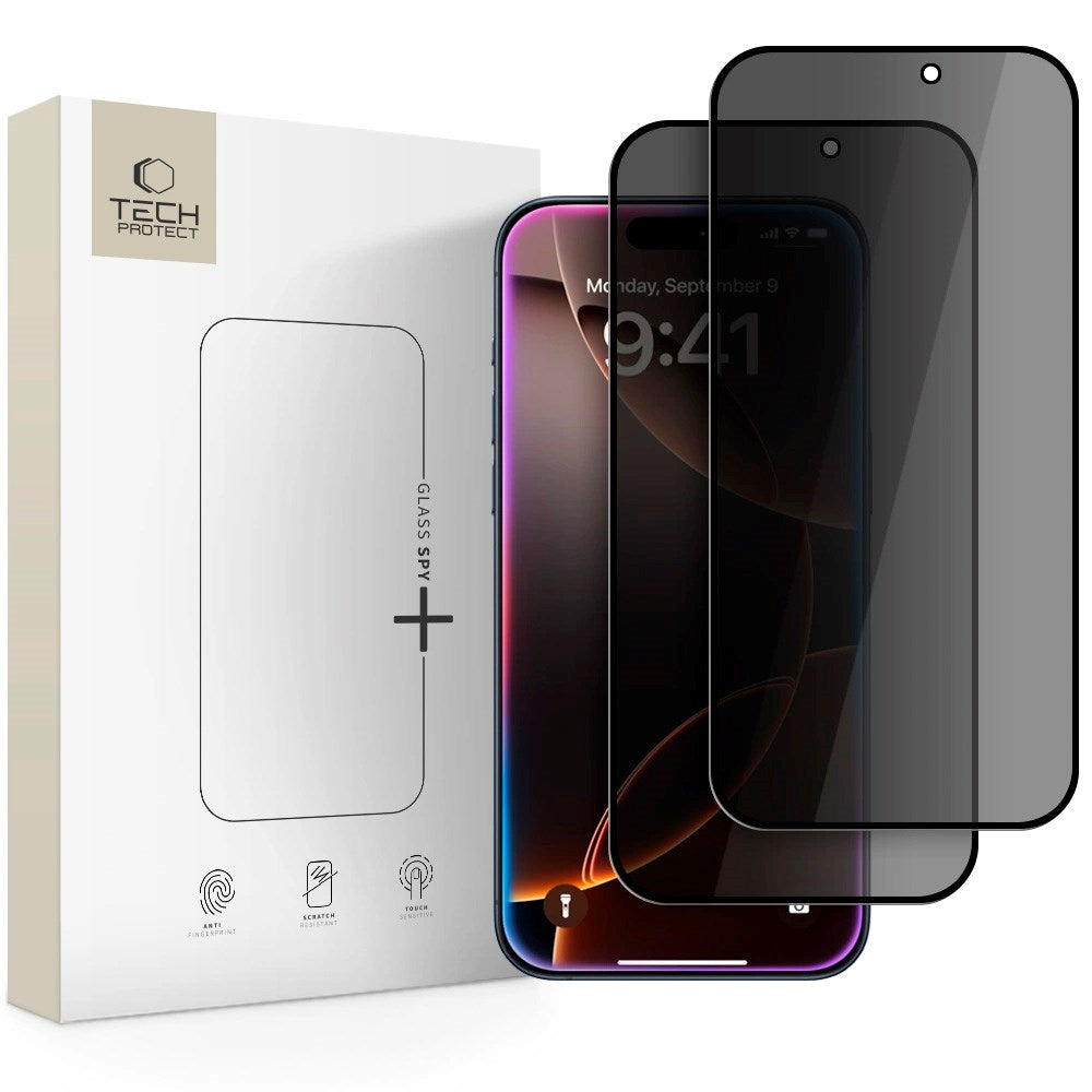 iPhone 17 / 17 Pro / 16 Pro Tech-Protect Glass Spy+ Skjermbeskyttelsesglass - Privacy Funksjon - 2 stk - Gjennomsiktig