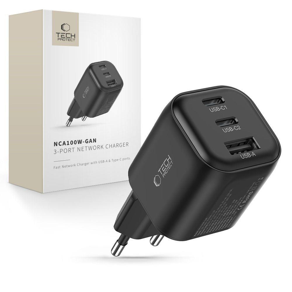 Tech-Protect 100W Vegglader - 1 x USB-A - 2 x USB-C - Svart