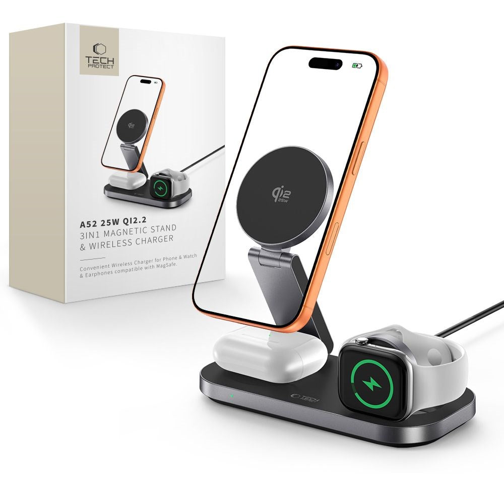 Tech-Protect A52 3-i-1 25W Trådløs Lader til Smarttelefon + Smartklokke + Øretelefoner - MagSafe / Qi2 Kompatibel - Mørkegrå