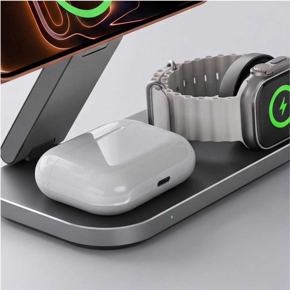 Tech-Protect A52 3-i-1 25W Trådløs Lader til Smarttelefon + Smartklokke + Øretelefoner - MagSafe / Qi2 Kompatibel - Mørkegrå