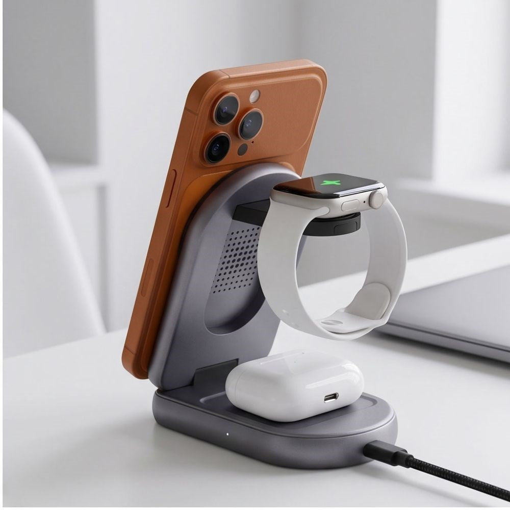 Tech-Protect A53 3-i-1 25W Trådløs Lader: Smarttelefon & Smartklokke & Øretelefoner - MagSafe / Qi2 Kompatibel - Mørkegrå