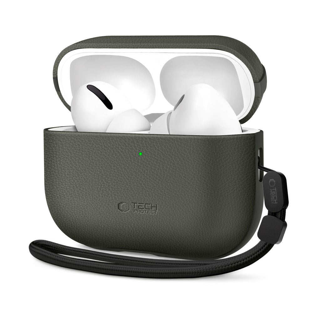 Apple AirPods Pro (3. gen.) Tech-Protect NaturalFit Kunstskinn Deksel m. Rem - Grønn