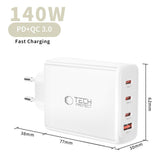 Tech-Protect 140W GaN Vegglader m. 1 x USB-A & 3 x USB-C – Hvit