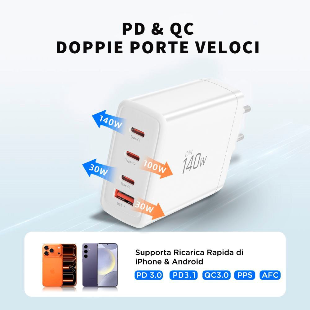 Tech-Protect 140W GaN Vegglader m. 1 x USB-A & 3 x USB-C – Hvit