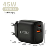 Tech-Protect 45W Vegglader m. 1 x USB-C & 1 x USB-A - Svart