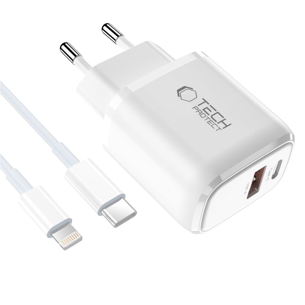 Tech-Protect 45W Vegglader m. Lightning Kabel - 1 x USB-C & 1 x USB-A - Hvit