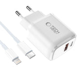 Tech-Protect 45W Vegglader m. Lightning Kabel - 1 x USB-C & 1 x USB-A - Hvit